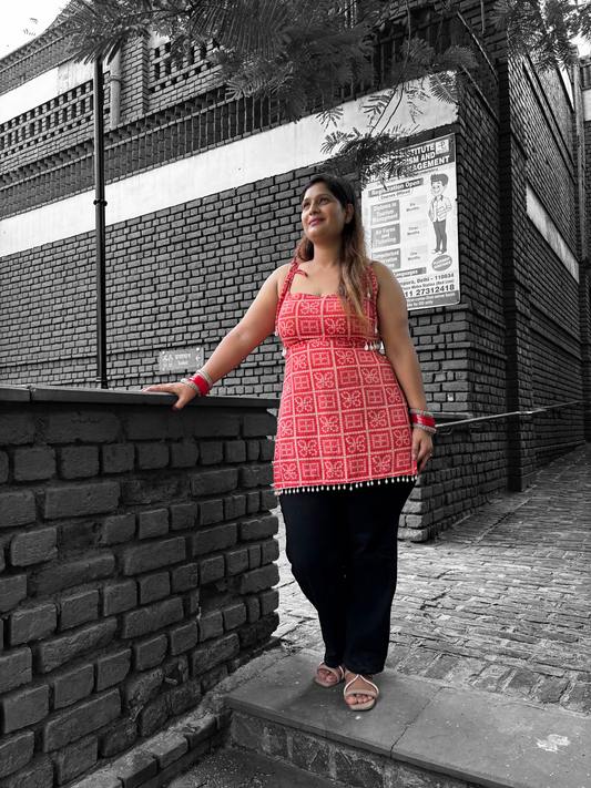 Vibrant Red Boho Chic Sleeveless Kurti