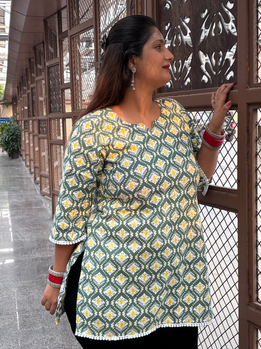 Handmade Mehendi Green Cotton Kurti for Women